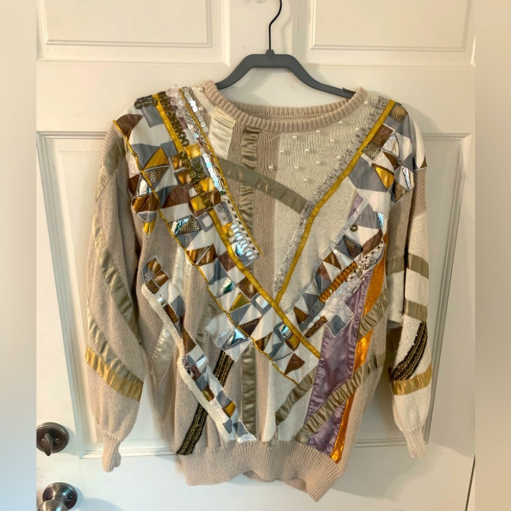 Vintage 1980s Bonnie Boerer Beaded Batwing Statement Sweater L